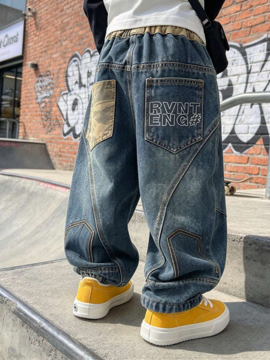 Boys' Kids' Loose Fit Camouflage Patchwork Letter Print Retro Street Style Elastic Waist Denim Straight Leg Jeans, Suitable For Daily, School, Casual, Outdoor Wear, Spring, Autumn, All Seasons