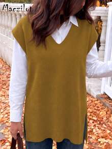 Plus Size Women Plus Size Pullover Sweater, Casual Comfortable V-Neck Sleeveless Knit Top - Ginger - View 4
