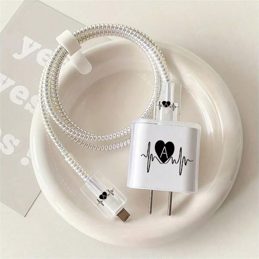 5pcs 2D Flat Design Heartbeat Love Phone Charger Protector Set, Charger Head Cover + Cable Protector + Storage Rope + Data Cable Protector Wrap Rope, Compatible With Iphone 20W/18W Charger - Multicolor - View 1