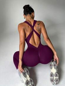 1pc Women's Solid Color Cross-Cut Fitted Jumpsuit Sports Summer - Purple - View 1