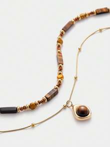 Sorayune 1pc Multi-Layer Tiger Eye Stone Pendant Necklace Set, Boho Fashion Jewelry, Best Friend Gift (Stone Color And Shape Are Random) - Multicolor - View 6
