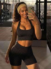 Women's Black Polka Dot 2 Pieces Fitness Set, - Black and White - View 3