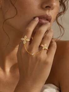 1pc Flower & Eight-Pointed Star Connected Finger Ring, Delicate Chain Elegant Wedding & Daily Jewelry - Four O'Clock Flower - View 2