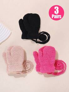 3 Pairs Soft Plush Baby Gloves, Full Finger Toddler Gloves With Detachable Lanyard, Suitable For Daily Outdoor Wear - Plush - View 2