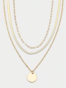 Sorayune 3pcs/Set Stainless Steel Flat Blade Chain Necklace With Layered Circle Pendant (Random Quantity Of Chain Links) - Yellow Gold - View 4