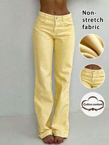 Women's Solid Color Minimalist Straight Leg Jeans, Casual Everyday Wear Spring Yellow Fall - Yellow - View 2