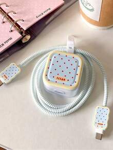 1PC Light Blue Red Polka Dot Cookie Style Charger Protector Set, Wavy Edge Charger Head Case + Matching Pattern Data Cable Connector Sleeve + Light Blue Spiral Protector Rope, Compatible With 40W 20W Charger Head, Retro Cute Girl Charging Accessories, Suitable As Birthday Gift, Holiday Gift For Friends, Family, Couples, Yourself - Baby Blue - View 5