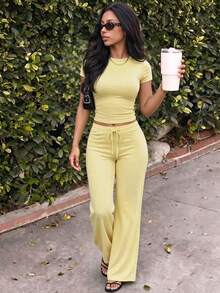NOIRLYN Women's Fall Two Pieces Y2K Sportswear Gym Casual Daily Solid Color Short-Sleeved Round-Neck T-Shirt And Slim Straight-Leg Long Pants Set - Yellow - View 1