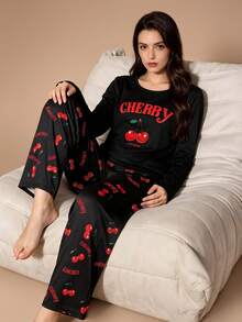 Spring Autumn Winter Long Sleeve Women's Round Neck Pajama 2 Pieces Set, Red Cherry Letter Print Long Sleeve & Long Pants Set, Cute Sweet Style Loungewear, Suitable For Outdoor Wear - Black - View 4