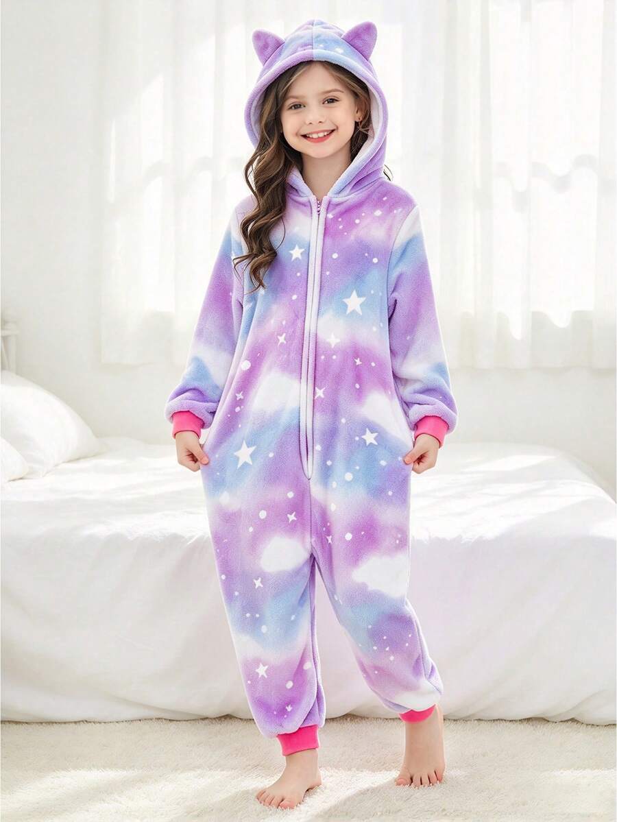 Tween Girl Purple Starry Sky Cat Ear Jumpsuit Pajamas