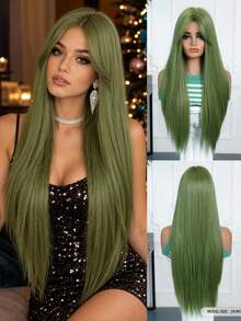 5-Star Quality 26 Inch Natural Green Straight Heat-Resistant Synthetic Wig, Middle Part Design, High Density, Suitable For Daily Wear, Parties, Weddings And Music Festivals, For Women, Halloween - Green - View 2