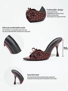 Women's Pointed Toe Lace Wave Edge Mesh Bow High Heel Sandals, Outdoor Activity Open Toe Mule Slippers Wedding Shoes, Burgundy High Heels - Burgundy - View 9