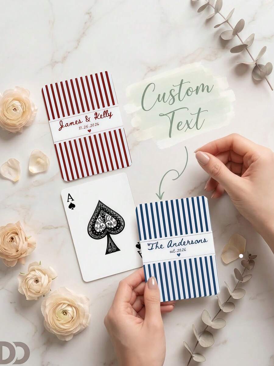 1pc Custom Personalized Text Striped Playing Cards, Custom Names & Date Print, Retro Striped Design, Smooth Portable Poker Cards,Couples Newlyweds - Multicolor - View 1