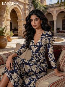 ELYRADIA Robe longue élégante pour femme - Robe maxi moulante col V avec fente latérale, imprimé floral, manches longues et taille à cordon, parfaite pour les occasions formelles d'automne - bleu indigo - Voir 8