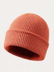 1pc Solid Color Folded Brim Knit Hat, Adult Autumn/Winter Warm Versatile Woolen Beanie - A - View 12