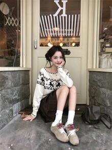 Sweet Preppy Fair Isle Jacquard Colorblock Cold Shoulder Sweater, Women's Loose Fit Long Sleeve Top, Suitable For Autumn/Winter Christmas - White - View 3