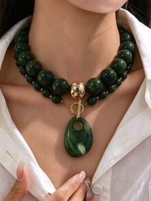 1/2pcs Vintage Chunky Bead Necklace For Women, T-Bar Pendant Necklace, Retro Personalized Neck Accessory, Suitable For Daily And Party Wear - Multicolor - View 13