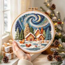 1pc Winter Night Snow Scene DIY Embroidery Kit With Hoop, Healing Starry Sky Cottage, Christmas Holiday Gift, Bedroom Home Decor Ornament - Multicolor - View 11