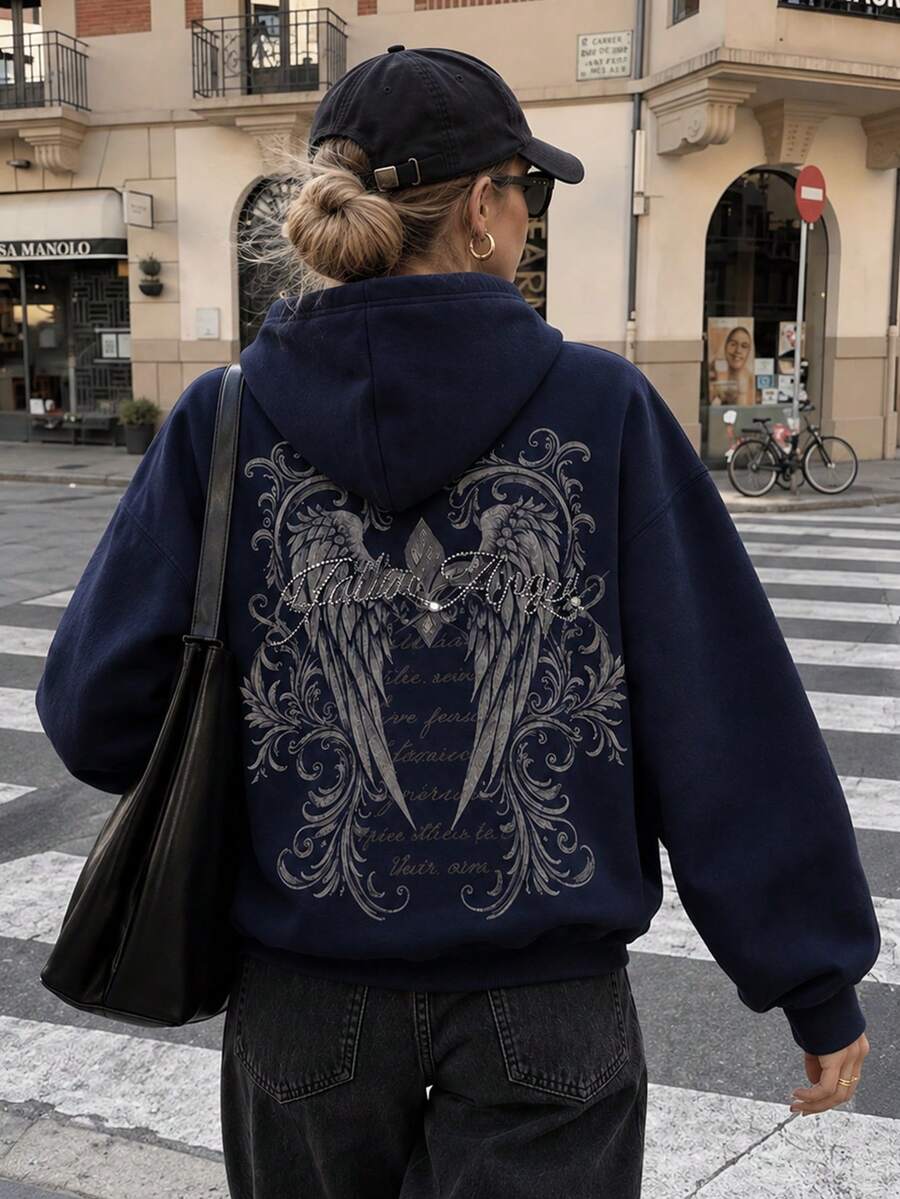 新款極簡天使之翼印花休閒圓領長袖T恤,時尚百搭秋季款 - 藏蓝色 - 查看 1