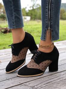 British Style Lace-Up Women's Plaid Patchwork Chunky Heel High Heels Round Toe Vintage Brogue Leather Shoes - Black - View 1