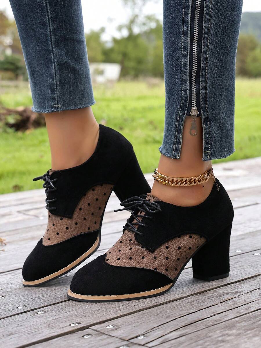 British Style Lace-Up Women's Plaid Patchwork Chunky Heel High Heels Round Toe Vintage Brogue Leather Shoes - Black - View 1