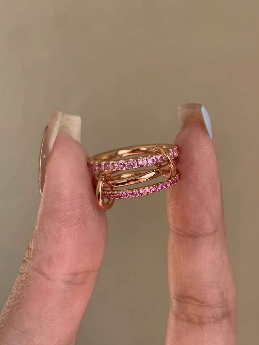 1件女款金色調交錯三圈戒指,粉色立方鋯石鑲嵌可疊戴戒指,日常與派對穿戴時尚手指飾品 - 彩色 - 查看 1