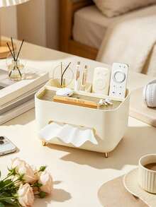 1pc Plastic Rectangular Tissue Box With Top Storage Tray And Raised Leg Detail, Multi-Functional Desktop Organizer, Can Store Remote Control, Cosmetics And Miscellaneous Items, Decorative Tissue Box, Napkin Dispenser Storage Box - Multicolor - View 16