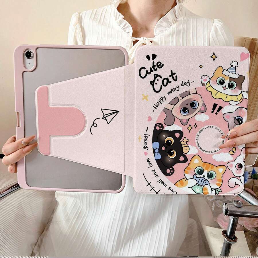 1件可愛卡通甜甜圈貓咪印花平板保護殼，相容 iPad 10代 10.9 吋 2022 智慧保護殼/Air 13(M3 2025)/Air 11(M3 2025)/11(A16 2025)，相容 OPPO Pad、MatePad、Pad、Honor Pad、Pad