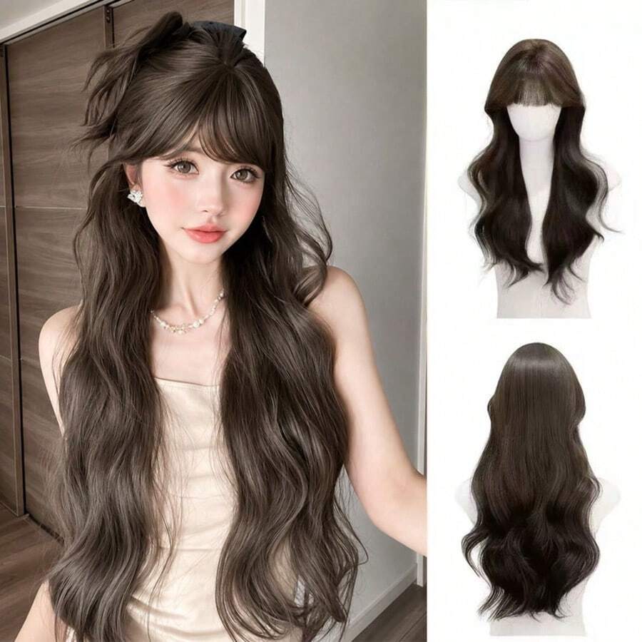 26 Inch Long Straight Wig With Bangs For Women, Heat Resistant Synthetic Full Head Wig, Pastel Pink / Dark Tea / Cool Brown Natural Wig For Daily Wear, Cosplay & Party - Baby Pink - View 1