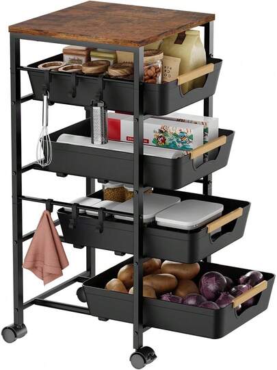 5-Tier Kitchen Storage Cart, Wood Top Rolling Cart Organizer With Pull-Out Baskets & Wheels, Metal Snack Carts With Holder For Fruit, Vegetable, Microwave, Kitchen, Pantry, White