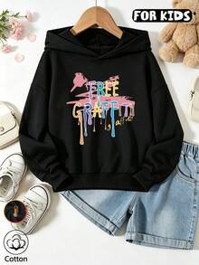 Girls Graffiti Dripping Paint Letter Print Hoodie, Casual Long Sleeve Hooded Pullover - Black - View 1