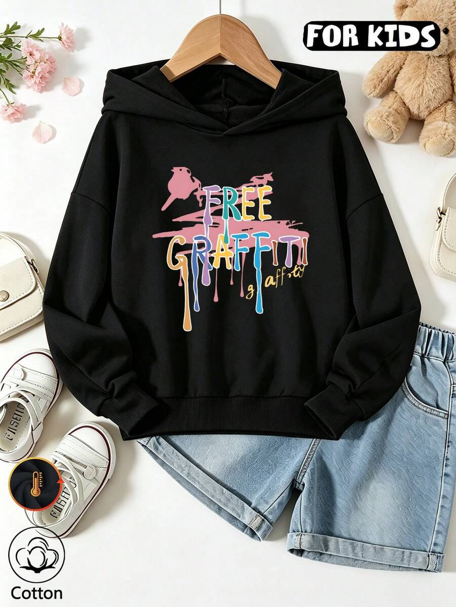 Girls Graffiti Dripping Paint Letter Print Hoodie, Casual Long Sleeve Hooded Pullover - Black - View 1