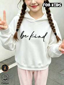 Tween Girl Minimal Slogan Graphic Hoodie, Girls Be Kind Letter Hooded Pullover - White - View 3