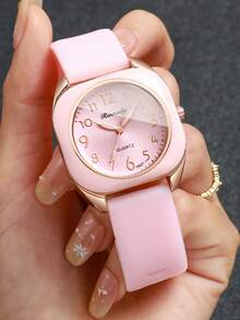 Women's Fashion Gentle Style Watch, Silicone Strap Square Digital Scale Dial Quartz Wristwatch, Gift For Girlfriend (1pc/Set) Watch Box Not Included - Pink - View 5