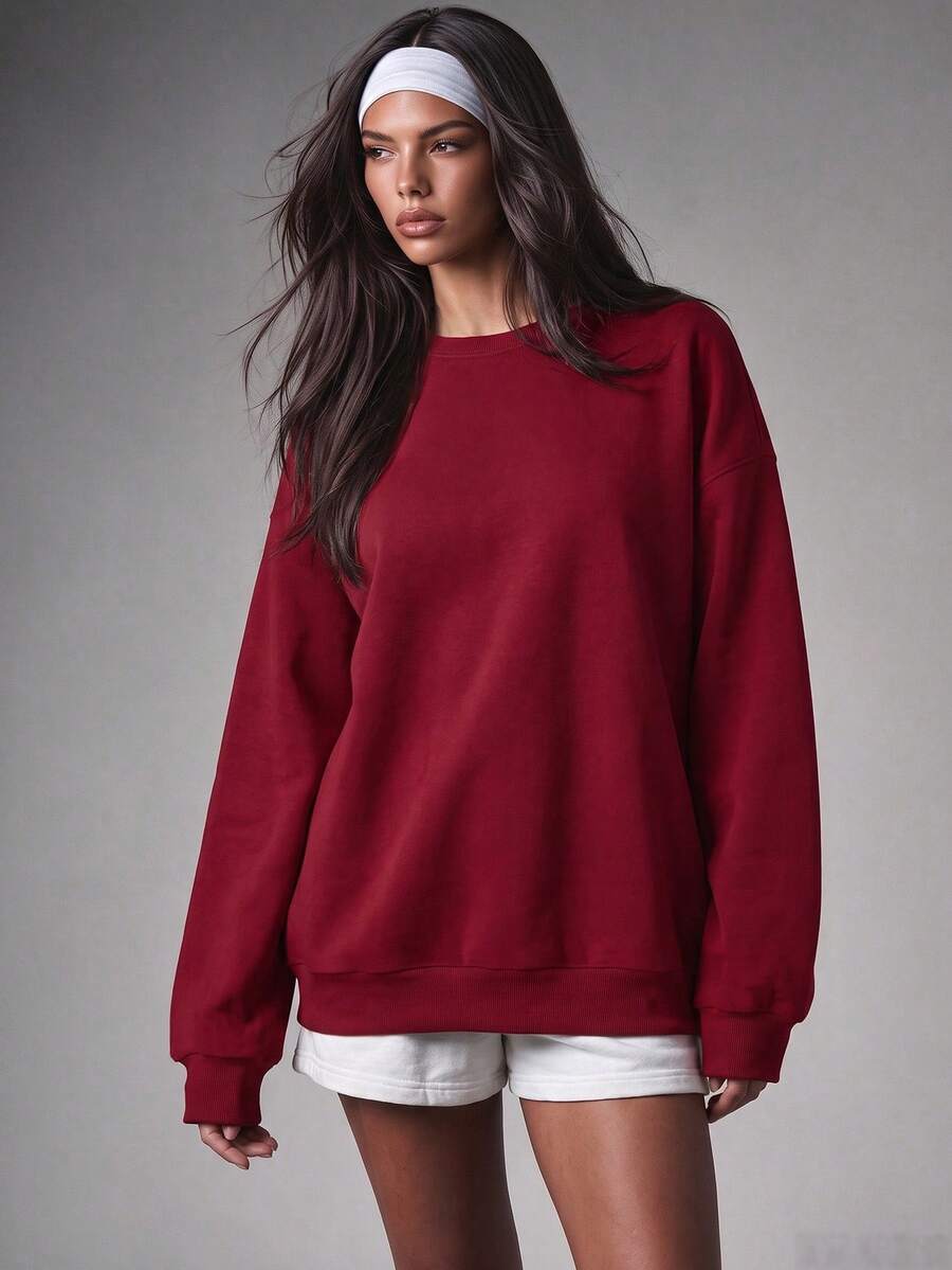 Speed mate Women's Ribbed Knit Long Sleeve Crew Neck Pullover Sweatshirt, Regular Length Polyester Top, Red Casual Style - Red - View 1