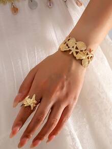 2pcs Ocean Starfish Shell Jewelry Set, Gradient Enamel Open Cuff Bracelet, Adjustable Ring, Beach Accessories - Colorful - View 7