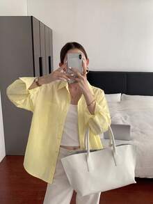 Vellofy Women's Autumn/Winter Yellow Striped Collared Button-Up Cardigan Long Sleeve Loose Shirt With Pockets, Suitable For Home Leisure, Daily Dating, Gatherings - Yellow - View 11
