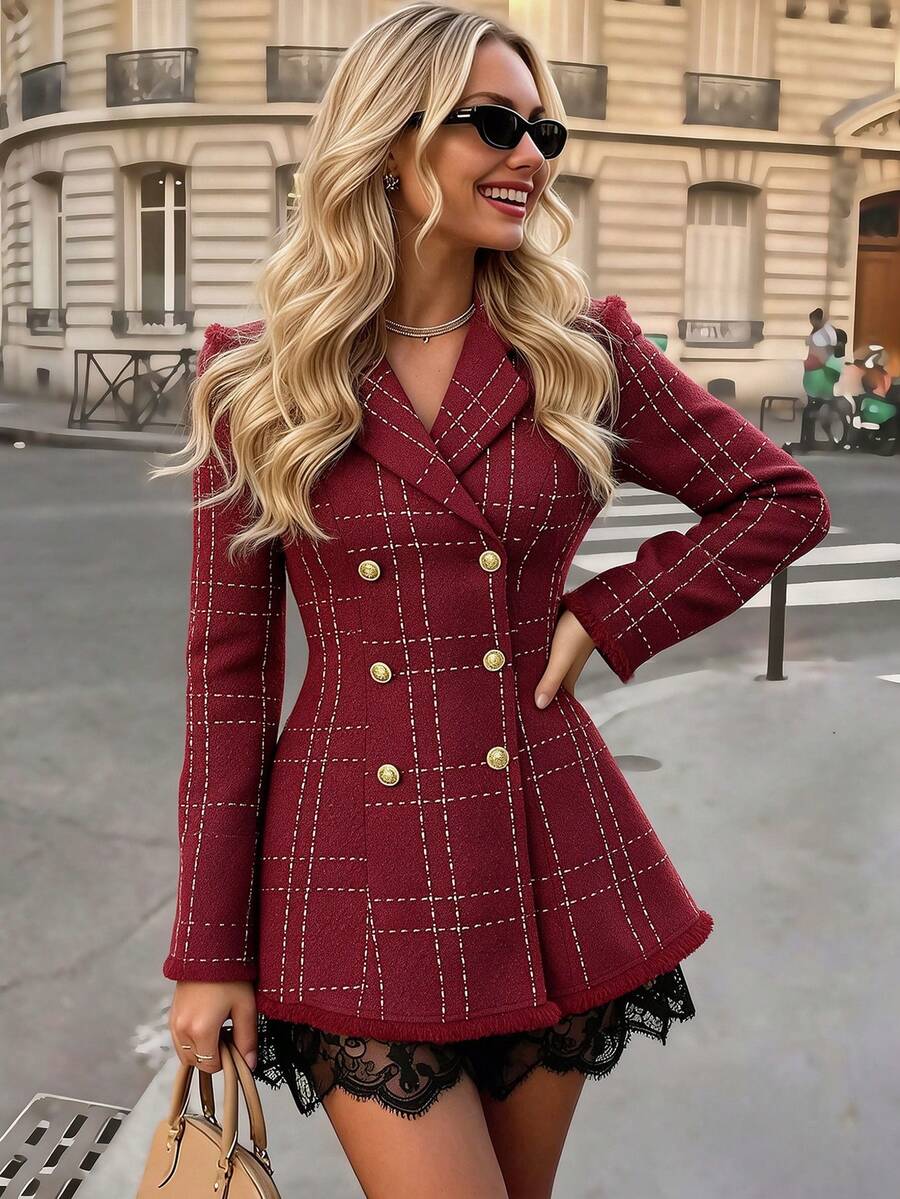 Women's Red Plaid Woven Double-Breasted Long Sleeve Jacket With Tassel Trim, Perfect For Autumn/Winter - Red - View 1
