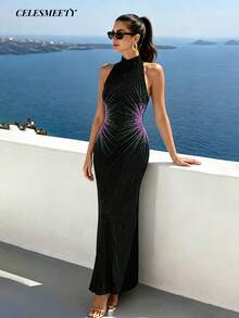 Elegant Backless Mermaid Sequin Evening Gown, Black, Formal Dinner Wedding Guest Dress, Suitable For Evening Party Wear - Black - View 1
