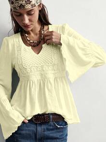 Rusttydustty Yellow Pure Cotton Casual Vacation Bell Sleeve Top, Suitable For Bohemian Style, Daily Wear, Autumn, Halloween - Light Yellow - View 2