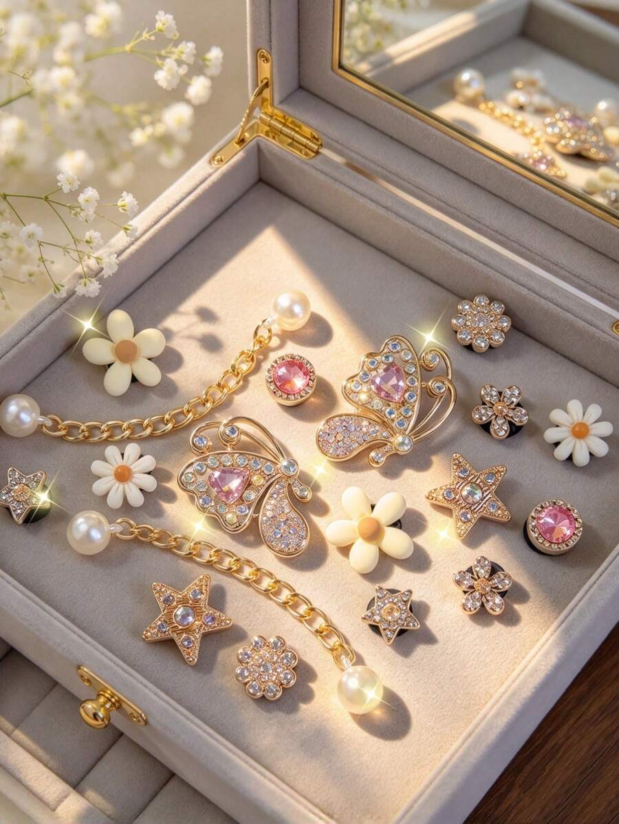 18pcs Gold Base Pink Rhinestone Chain Shoe Charms, Butterfly Heart Four-Point Star Flower Detachable DIY Accessories, Compatible With Perforated Sandals And Slides, Holiday Gift - Gold - View 1