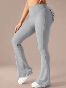 6pecil Women's Dark Gray Practical Flare Pants, V-Waist Hip-Lifting Flare Pants, Tummy Control Sports Pants With Gold Button Pockets - Flint Stone - View 6