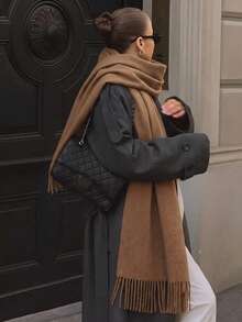 1PC Women's Simple Solid Color Regular Style Faux Cashmere Scarf, Suitable For Seasonal Transitions, Daily Wear, Windproof And Warm - Dark Khaki - View 2