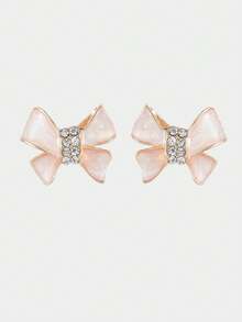 Sorayune 1pair Korean Fashionable Gentle White Ribbon Bowknot Design Earrings For Women With Small Gems, Retro Style - White - View 3