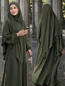 Elegant 2 Pieces Abaya Set, Puff Long Sleeve Full Skirt With Matching Hijab, Casual Loose Muslim Women's Outfit - Multicolor - View 27