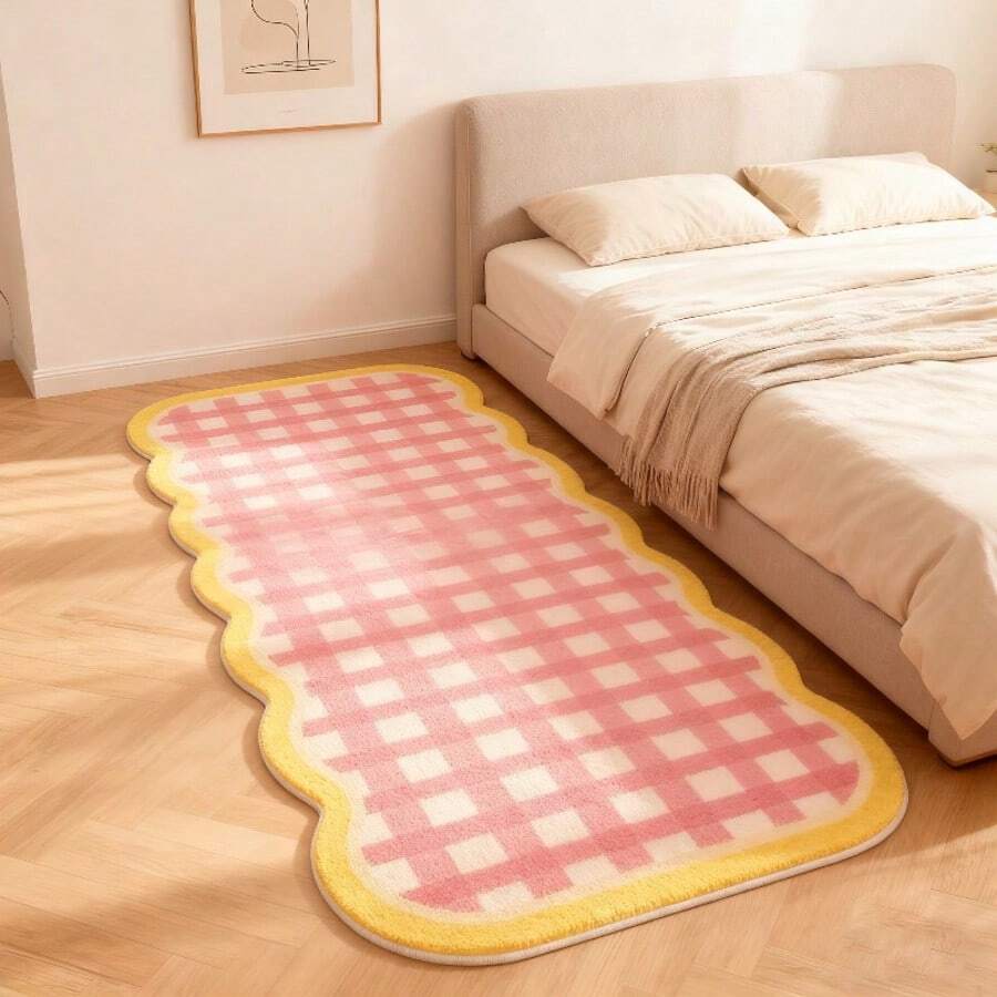 1pc Yellow And Pink Plaid Long Strip Rug, Soft Bedroom Carpet, Home Decor Rug, Decorative Carpet, Bedroom Decor, Small Rug, Carpet, Home Decor, Living Room Carpet, Living Room Small Rug, Bedroom Carpet, Living Room Home Decor, Outdoor Carpet, Washable Carpet - Multicolor - View 1