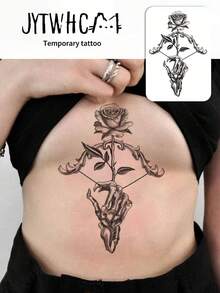 Waterproof Temporary Transfer Tattoo,1pc Water Transfer Paper, Dark Gothic Style, Skeleton Hand & Rose Totem Pattern, Exquisite Sketch Line Details, Long Lasting Fake Tattoo Stickers, Body Art Decals For Women, Suitable For Chest, Abdomen, Waist - Black - View 2