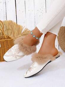 Women's Winter Warm Contrast Color Chinese Style Fashion Fabric Embroidered Slippers For Outdoor, Home, Party, Office, Autumn/Winter - White - View 5