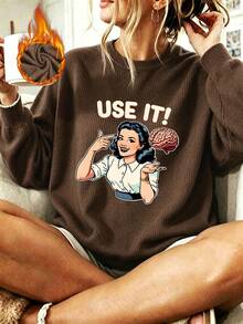 Plus-Size Women's Casual Round Neck Faux Knit Sweater With "Use It!" Print; A Stylish And Versatile Women's Top For Autumn And Winter Commuting. - Brown - View 3