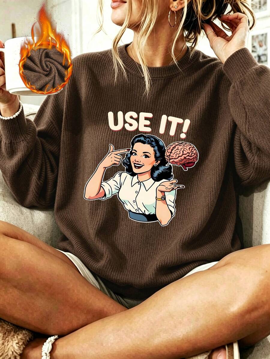 Plus-Size Women's Casual Round Neck Faux Knit Sweater With "Use It!" Print; A Stylish And Versatile Women's Top For Autumn And Winter Commuting. - Brown - View 1